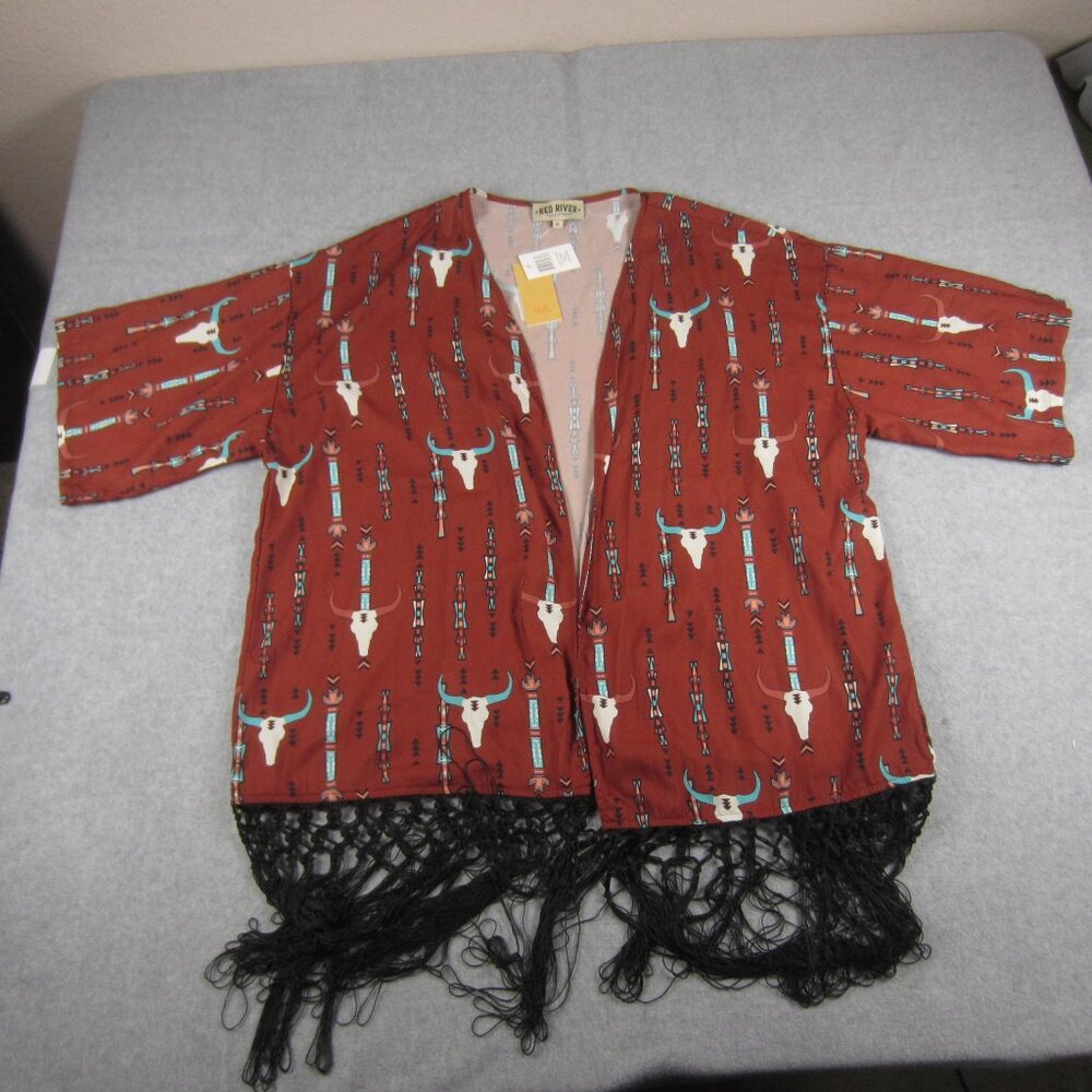 Red River Kimono Sheer Fringe‎ Embroidered XL Red Rust